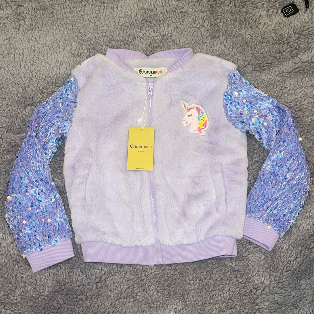 NWT faux, fur and sequin unicorn zip up jacket